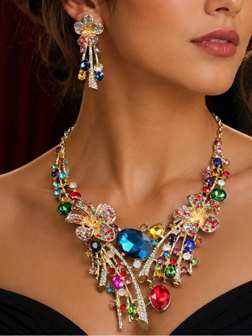 Gold-Tone Multicolor Crystal Floral Statement Necklace and Earring Set